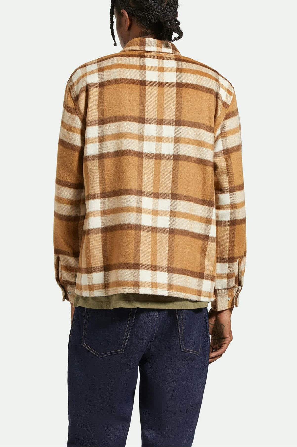 Men's Selden Soft Brushed L/S Flannel Overshirt in the color Tan/Bison - Men's Back View