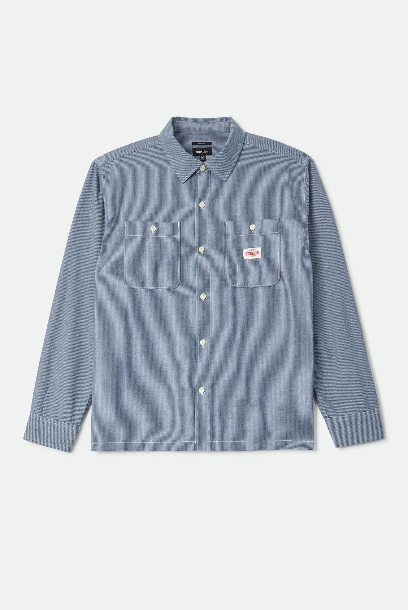 Men's Trademark Long Sleeve Shirt in the color Blue Chambray Micro Stripe - Front Product Laydown Image