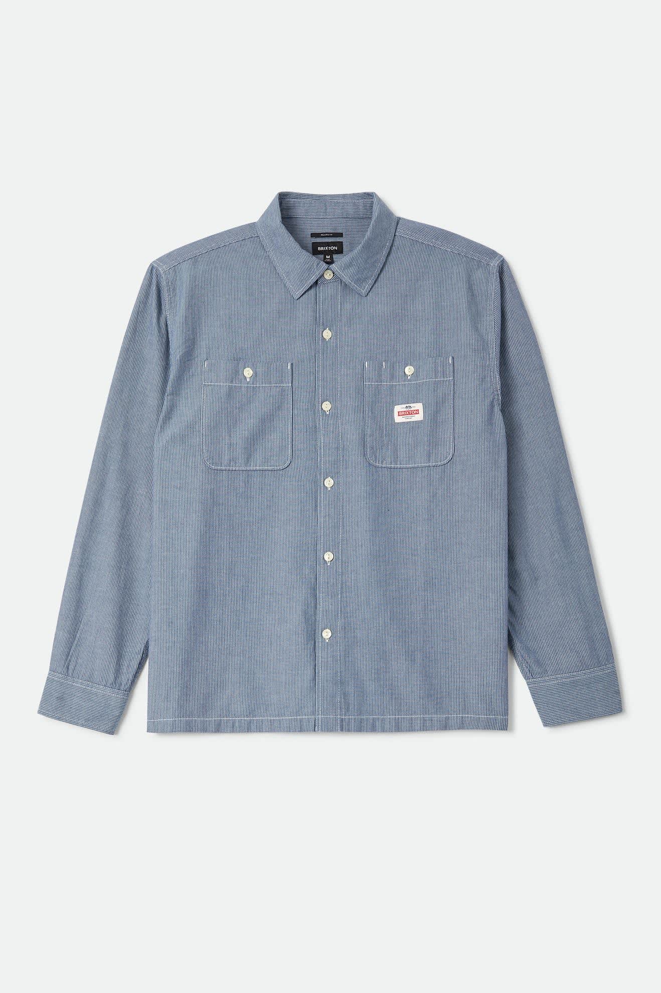 Men's Trademark Long Sleeve Shirt in the color Blue Chambray Micro Stripe - Front Product Laydown Image