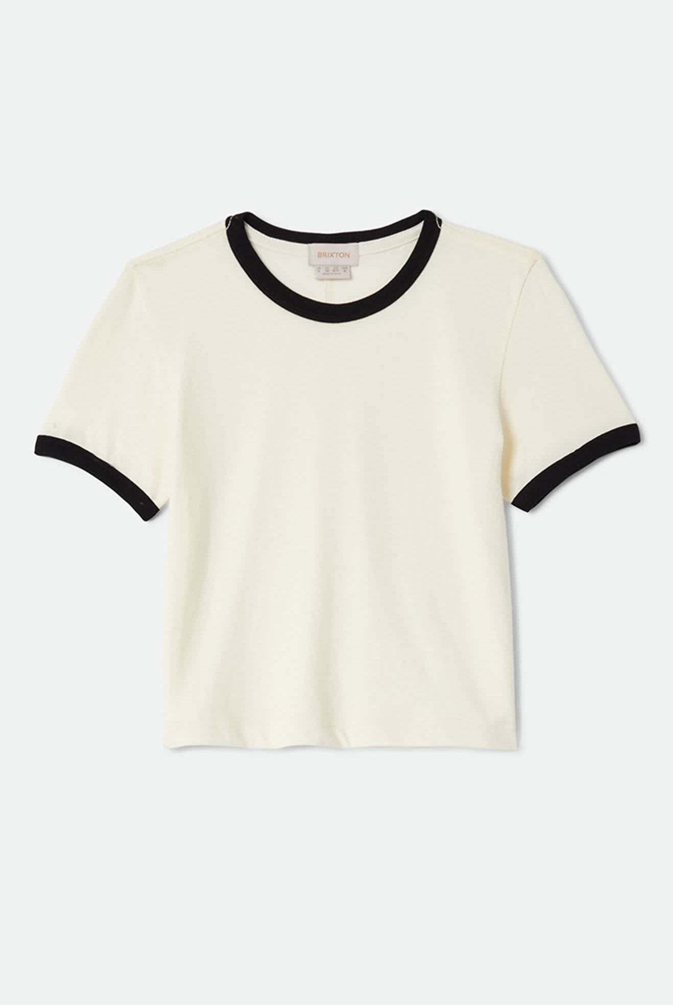 Women's Carefree Organic Garment Dye Ringer T-Shirt in the color Off White/Black - Front Product Laydown Image