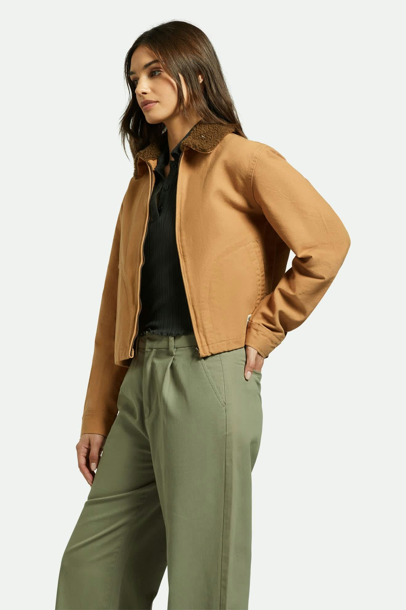 Women's Mechanics Women's Garage Sherpa Zip Jacket in the color Tobacco Brown - Women's Side View