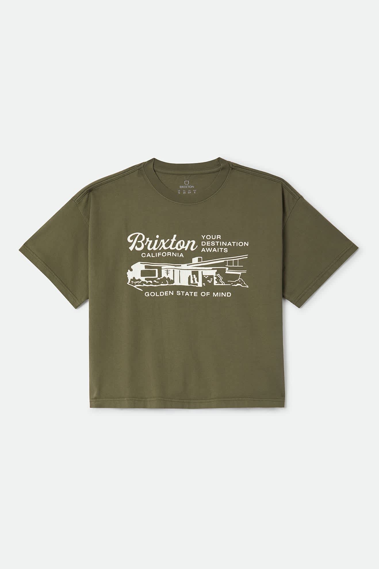Women's Your Destination Awaits Boxy Crop Top in the color Dark Olive - Front Product Laydown Image