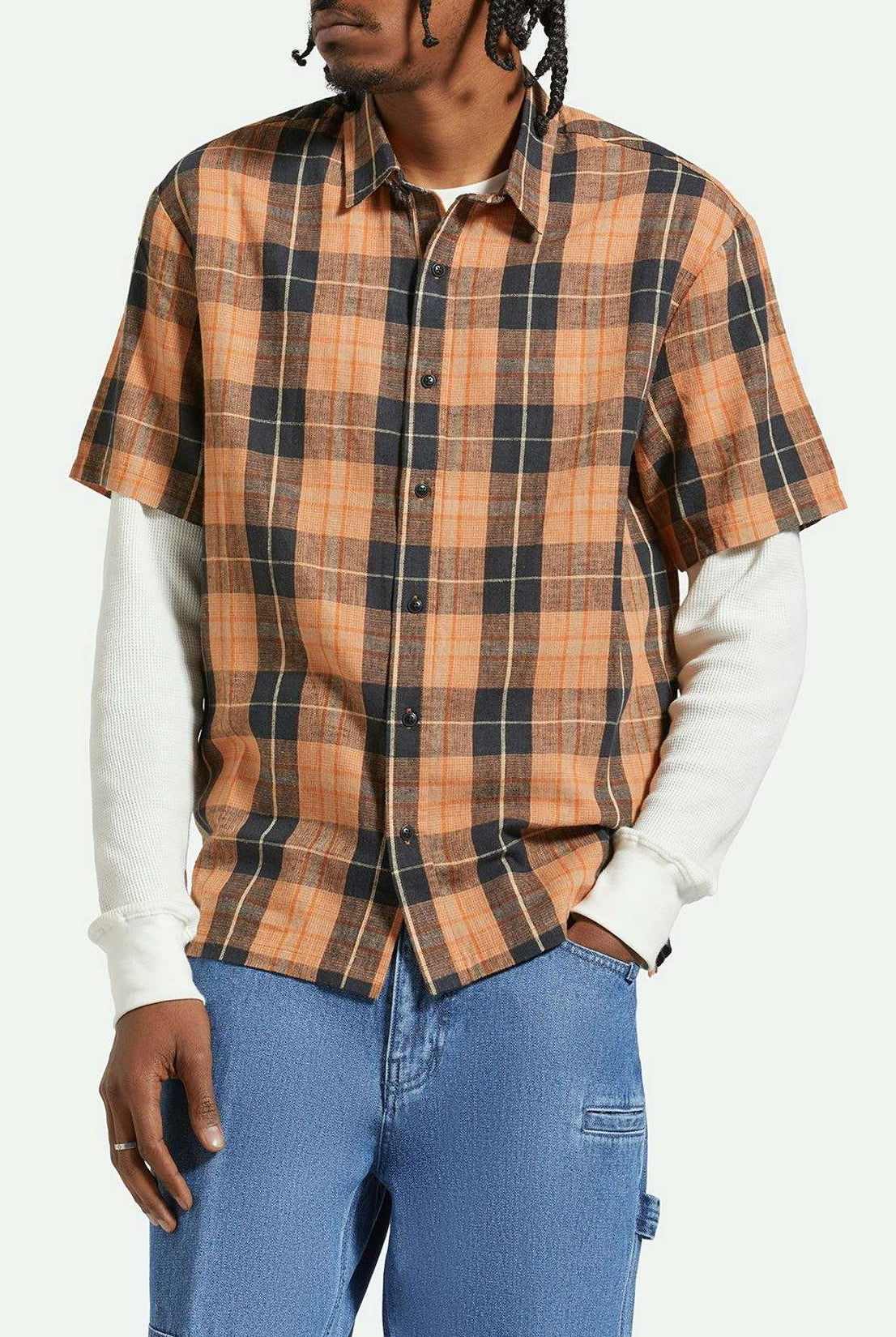 Men's Fit, front | Cru Linen Blend Relaxed S/S Woven Shirt - Black/Rust Orange