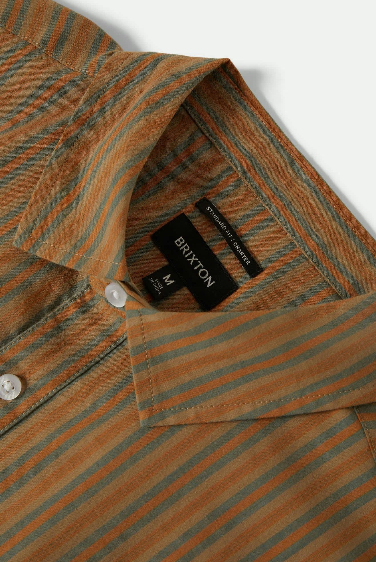 Men's Charter Stripe S/S Shirt in the color Rustic Caramel/Night Sage - Additional Laydown image