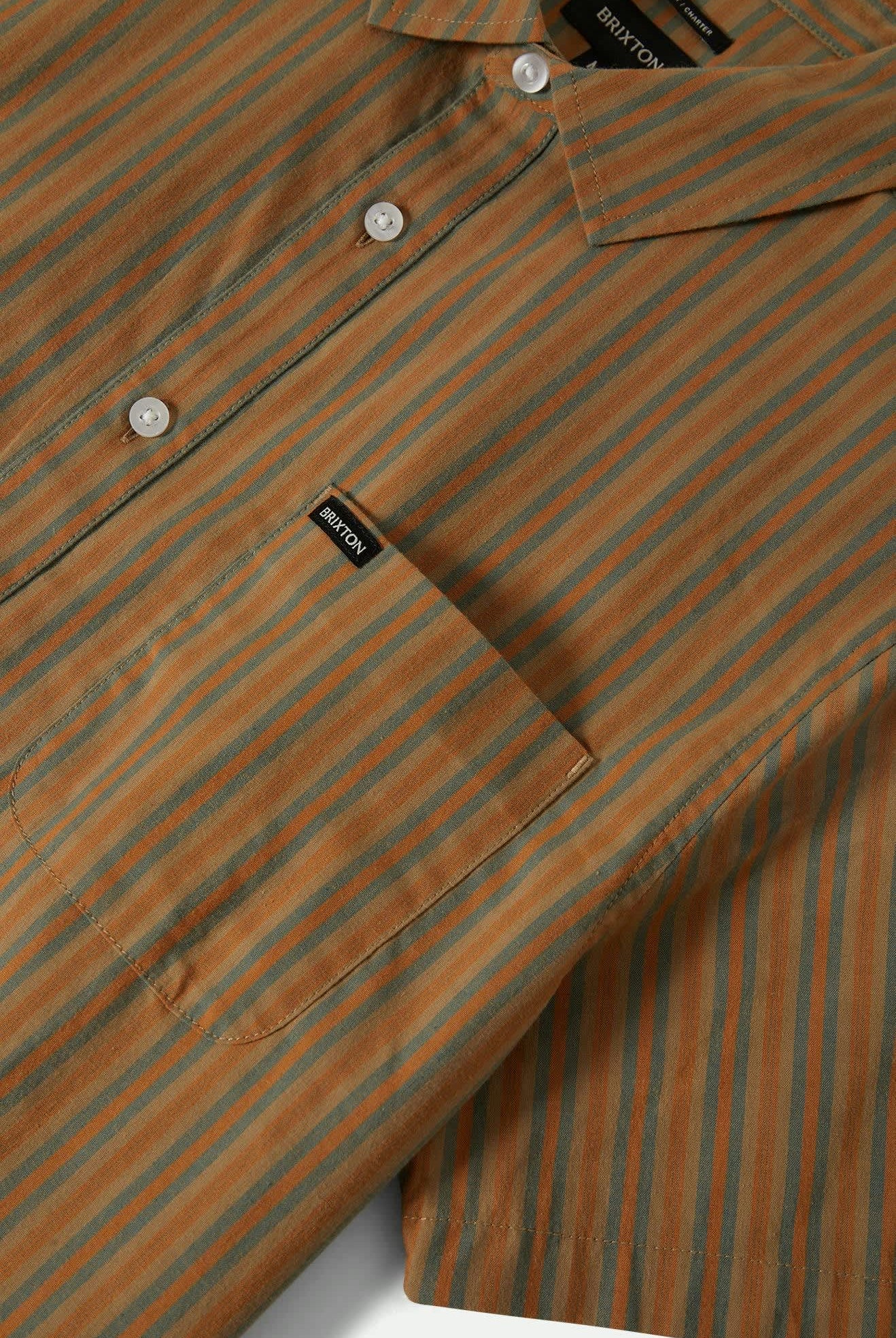 Men's Charter Stripe S/S Shirt in the color Rustic Caramel/Night Sage - Additional Laydown image