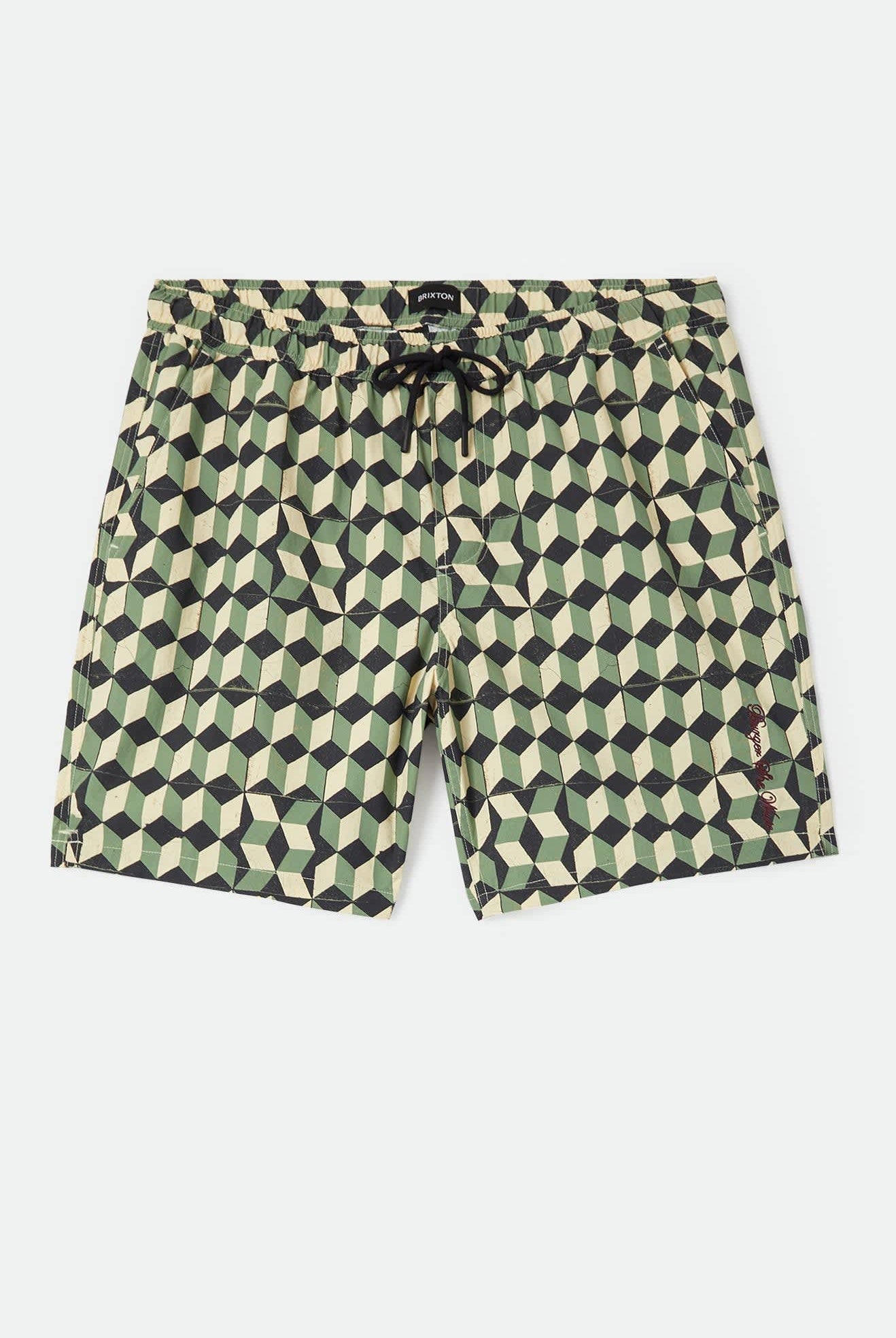 Men's Burger She Wrote Hybrid Short in the color Black/Green Tile - Front Product Laydown Image