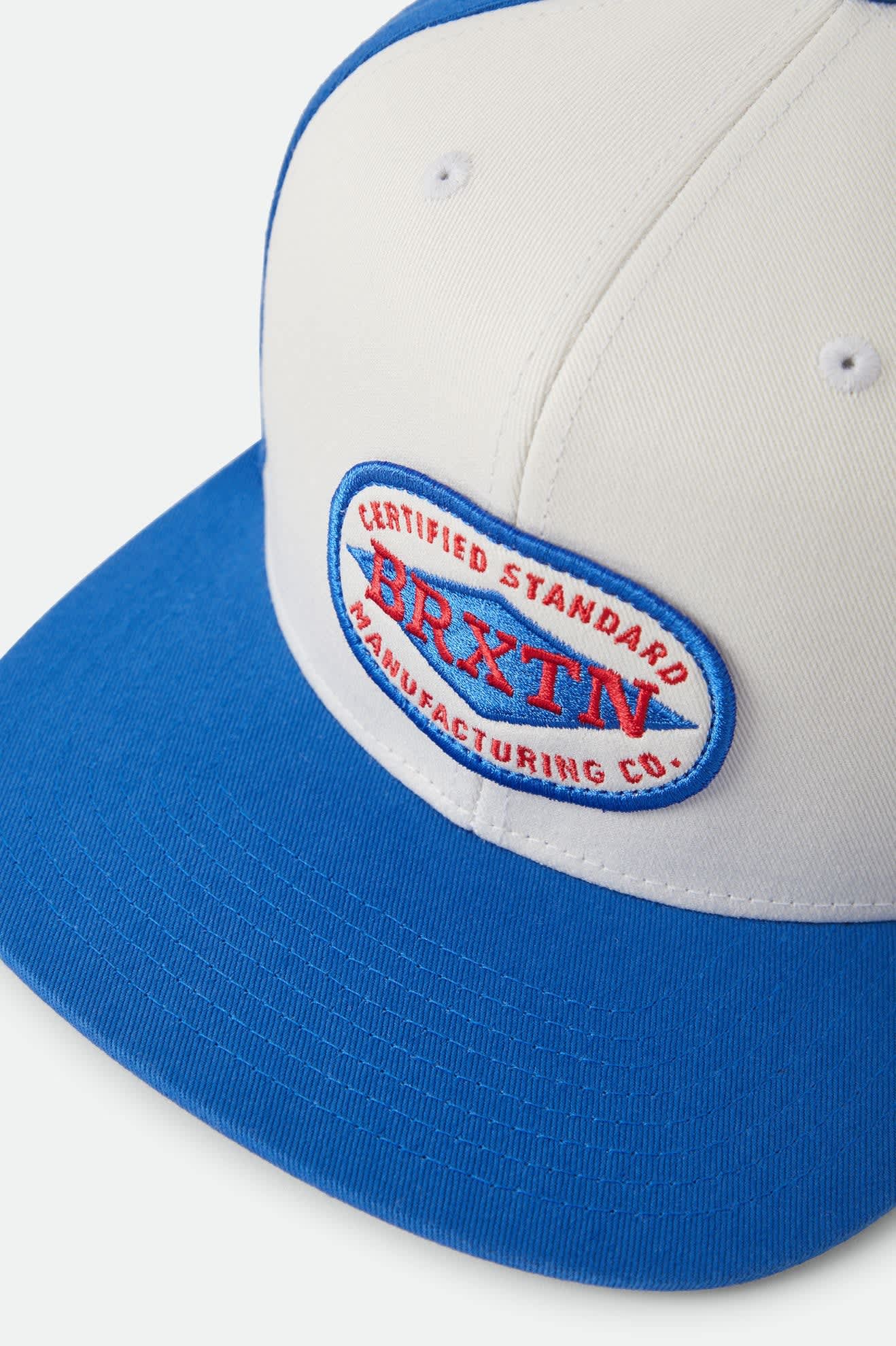 Unisex Meyers Snapback in the color Off White/Electric Indigo - Additional Laydown image
