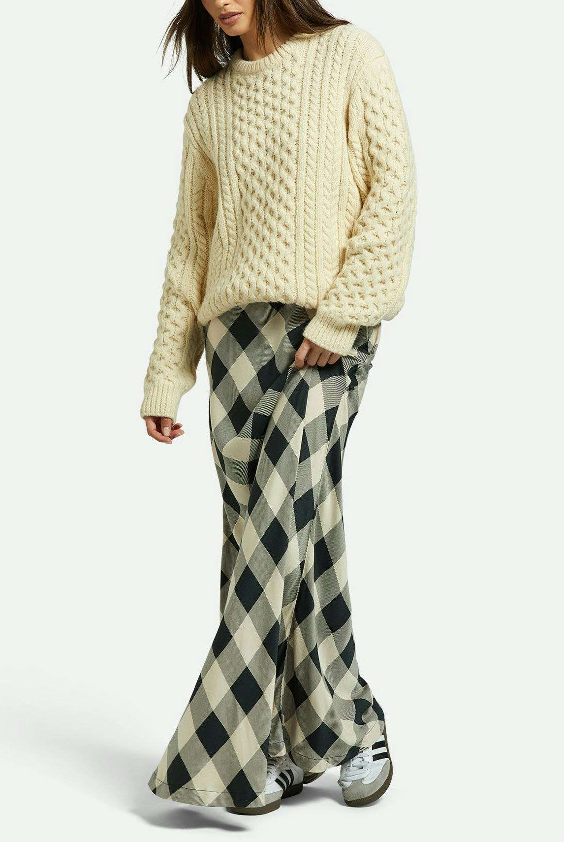 Brixton Women's Silky Full Length Skirt - Washed Black/Whitecap Buffalo Check | Front fit