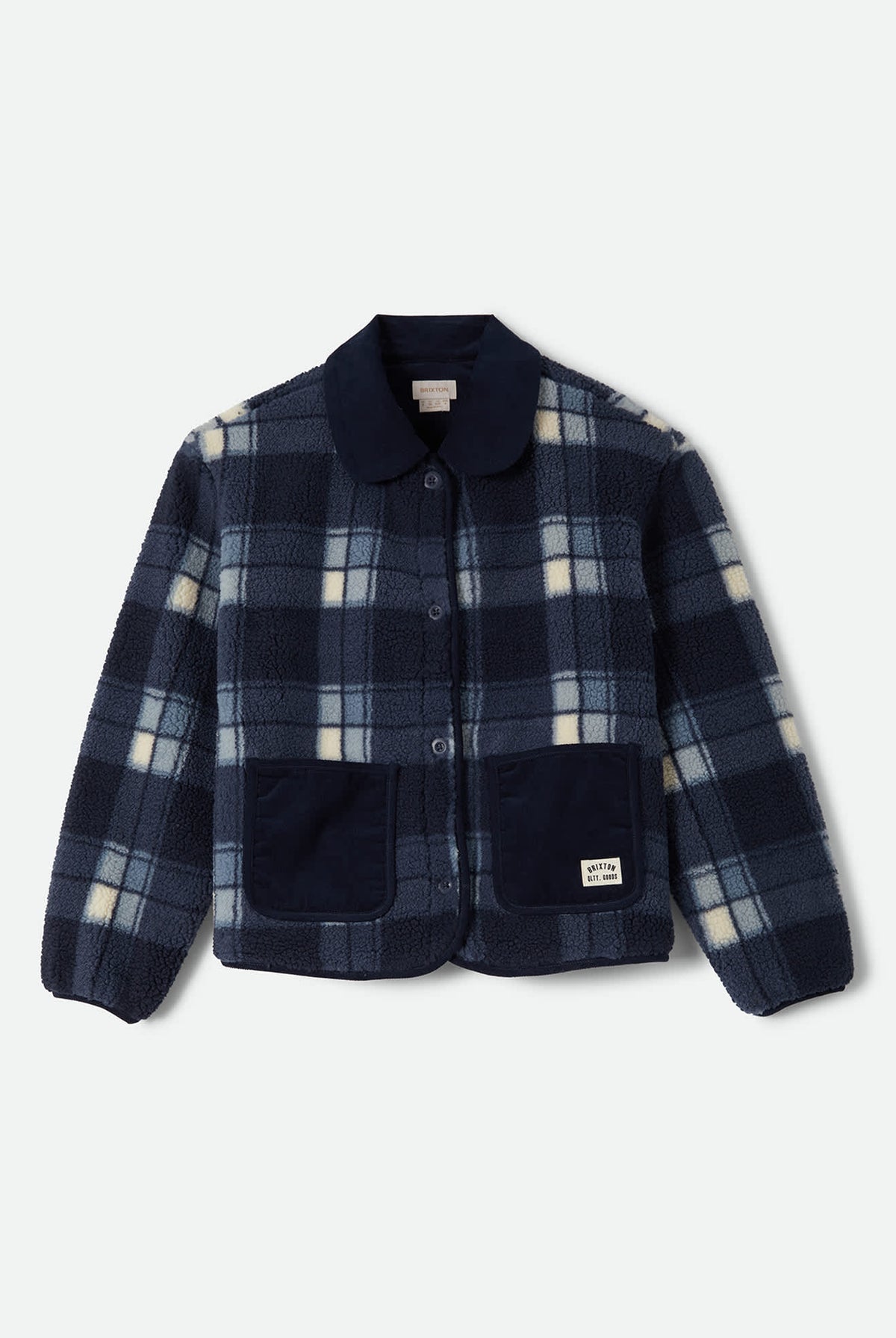 Women's Delilah Sherpa Jacket in the color Classic Navy Plaid - Front Product Laydown Image