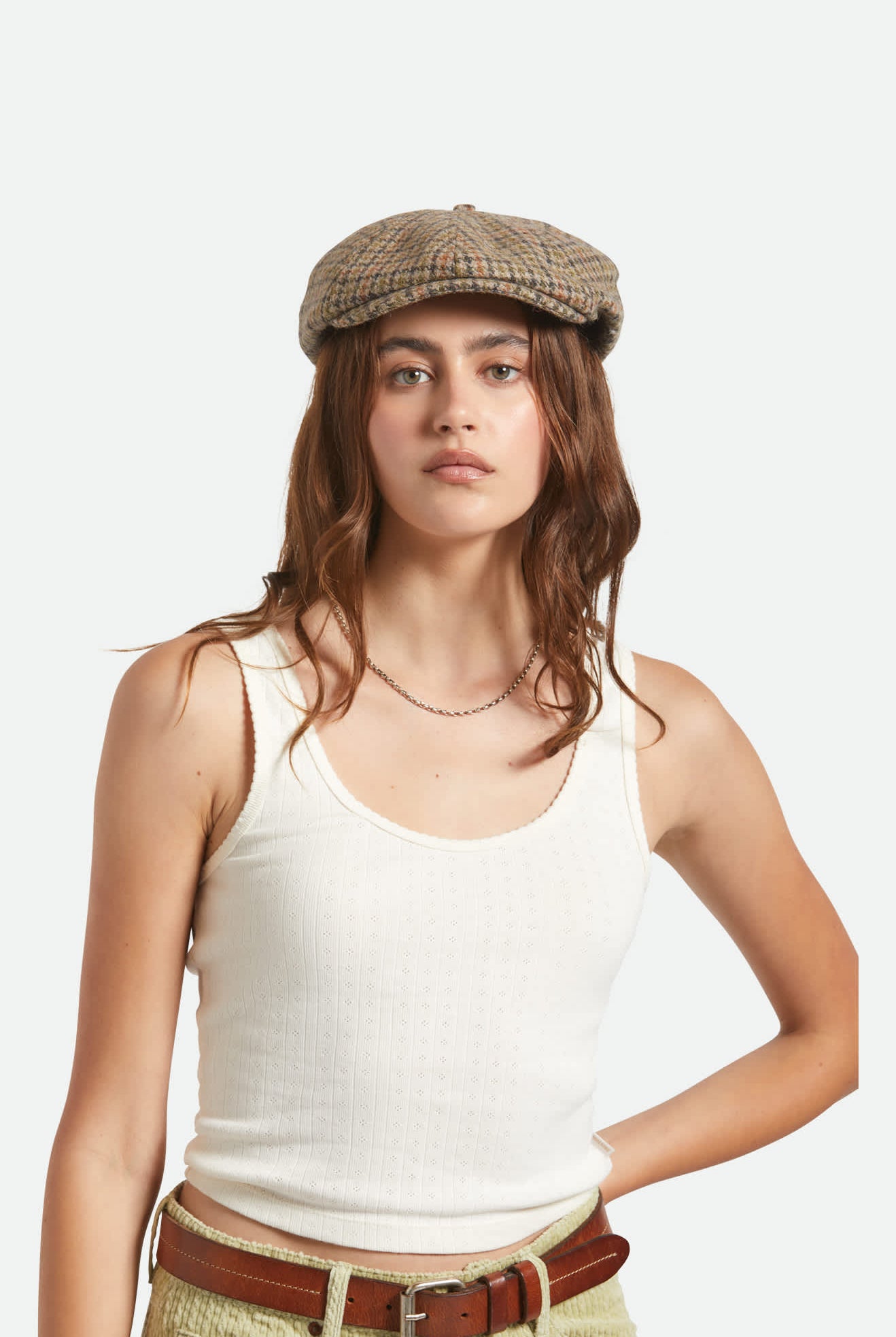 Unisex Brood Newsboy Cap in the color Oatmeal/Charcoal Houndstooth - Women's Front View