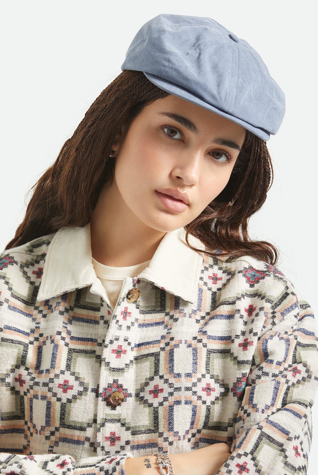 Unisex Brood Newsboy Cap in the color Slate Blue Brushed Satin - Women's Front View