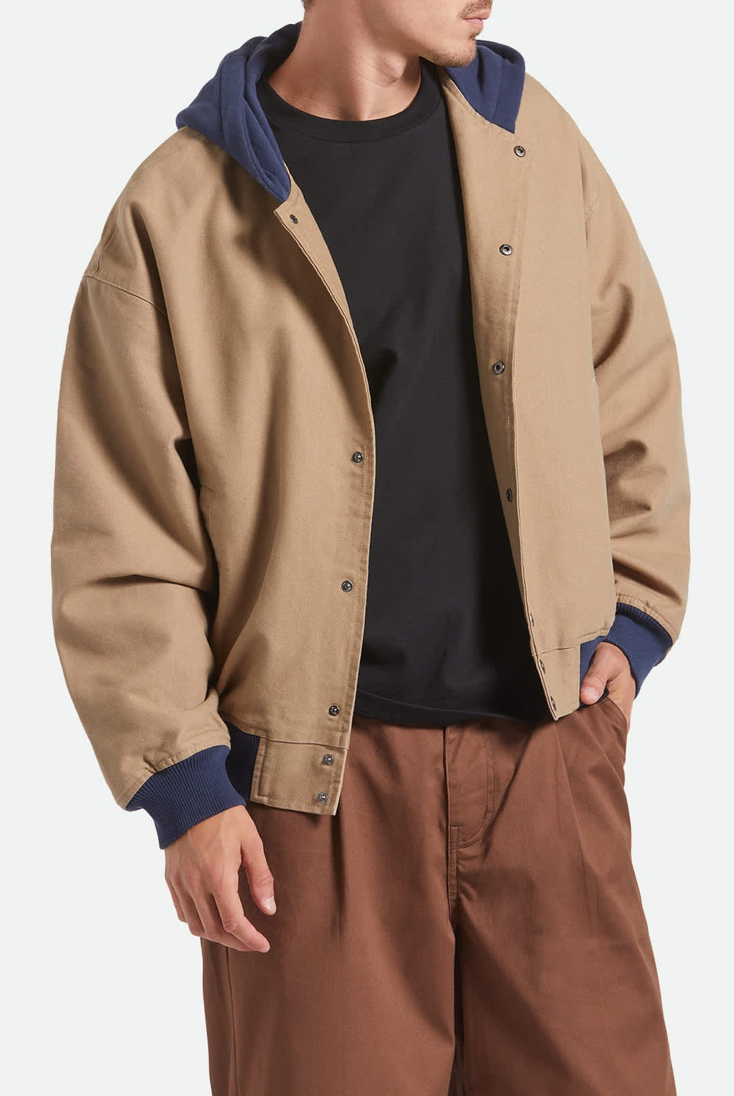 Men's Canvas Hooded Bomber Jacket in the color Khaki/Mood Indigo - Men's Front View