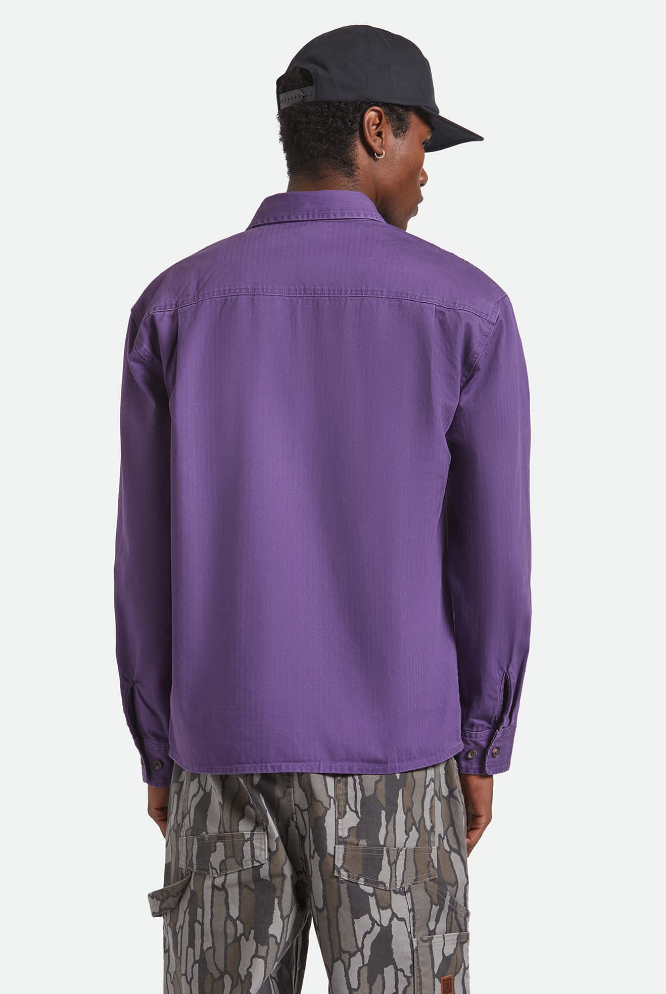 Men's Herringbone Relaxed L/S Overshirt in the color Punk Purple Herringbone - Men's Back View