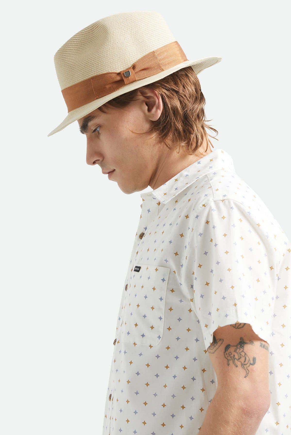 Unisex Roma Straw Packable Fedora in the color Natural/Bronze - Men's Side View