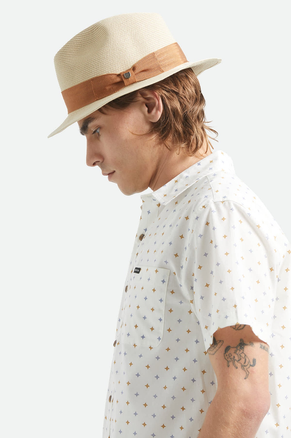 Unisex Roma Straw Packable Fedora in the color Natural/Bronze - Men's Side View