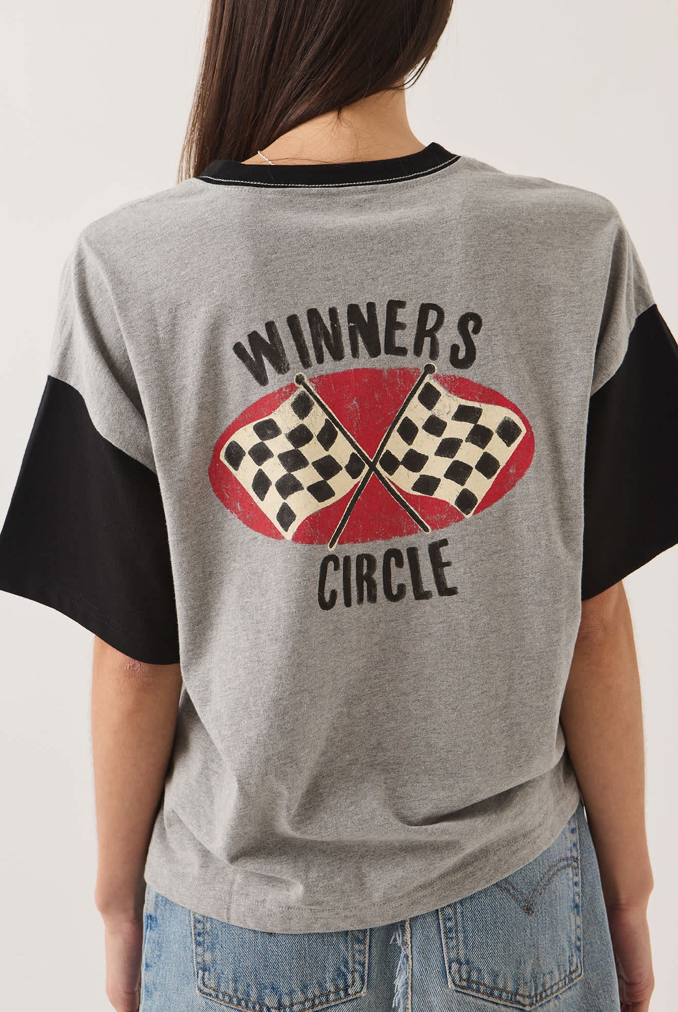 Women's Winners Circle Boxy Football T-Shirt in the color Heather Grey/Black - Additional Fit image