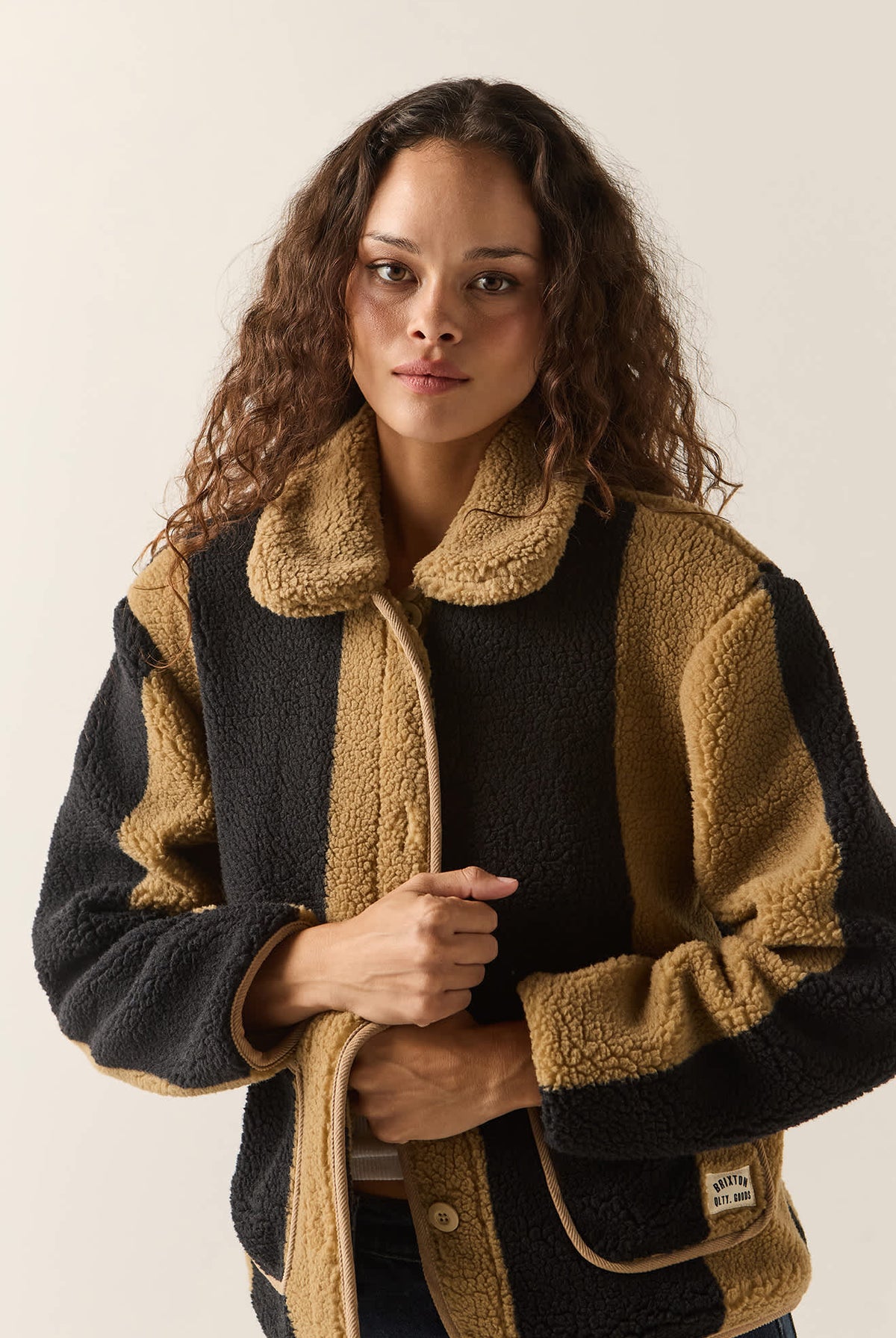 Women's Delilah Sherpa Jacket in the color Khaki/Black Stripe - Additional Fit image