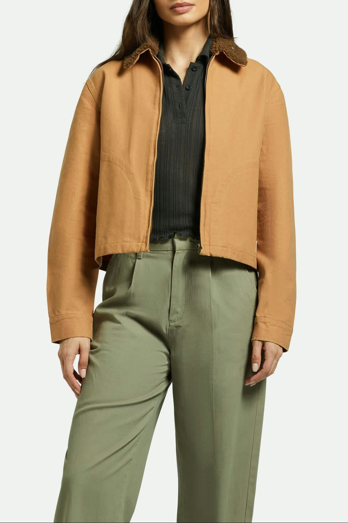 Women's Mechanics Women's Garage Sherpa Zip Jacket in the color Tobacco Brown - Women's Front View