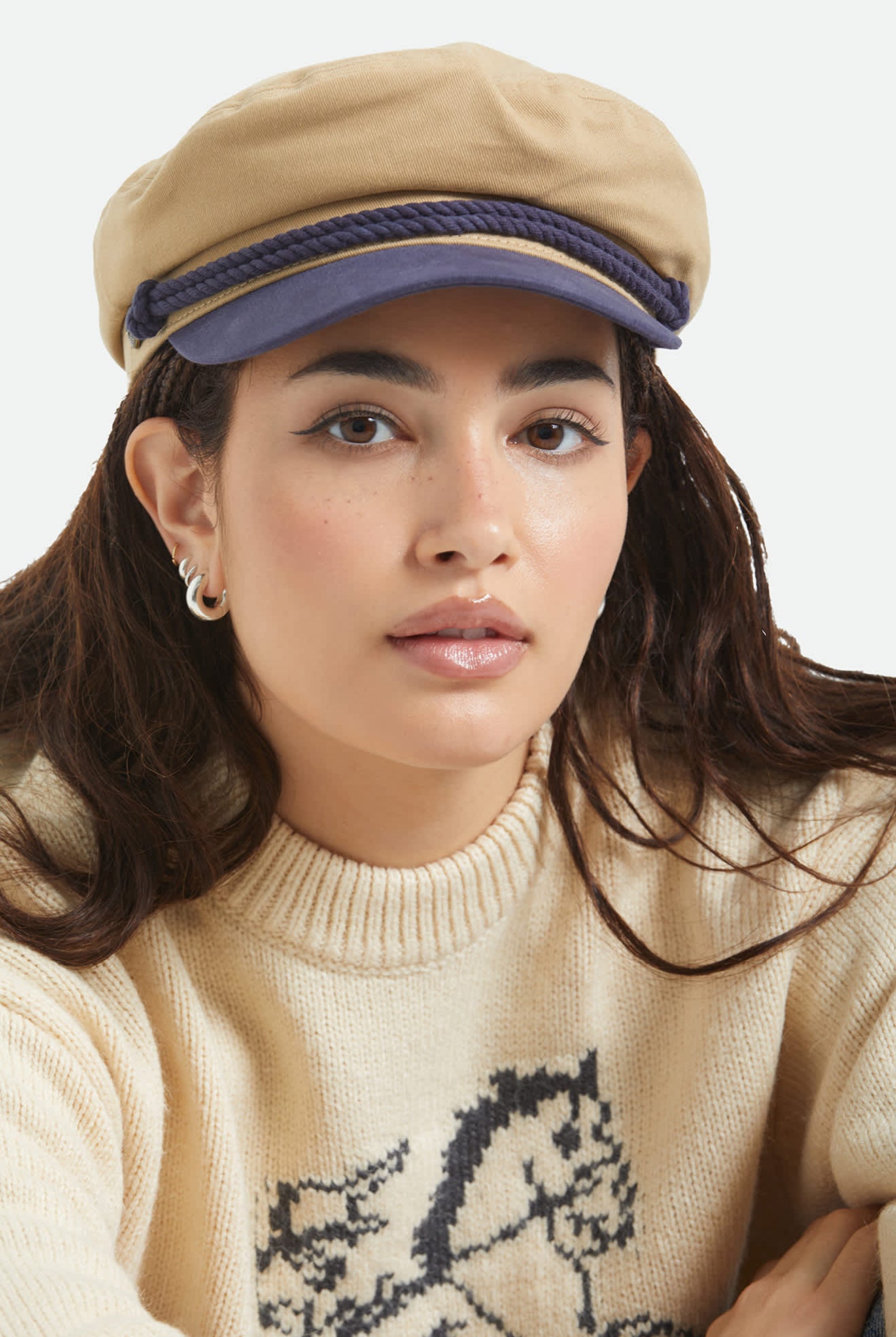 Unisex Fiddler Fisherman Cap in the color Sand/Washed Navy - Women's Front View