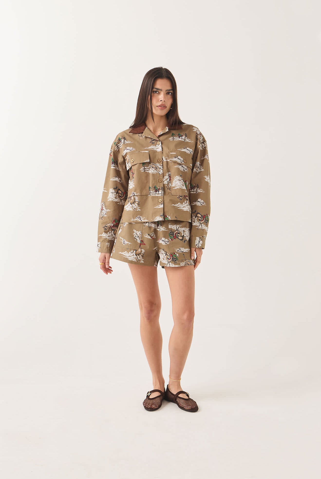 Women's Utopia Overshirt in the color Mid Century Cowboy Print - Women's Front Fit Image