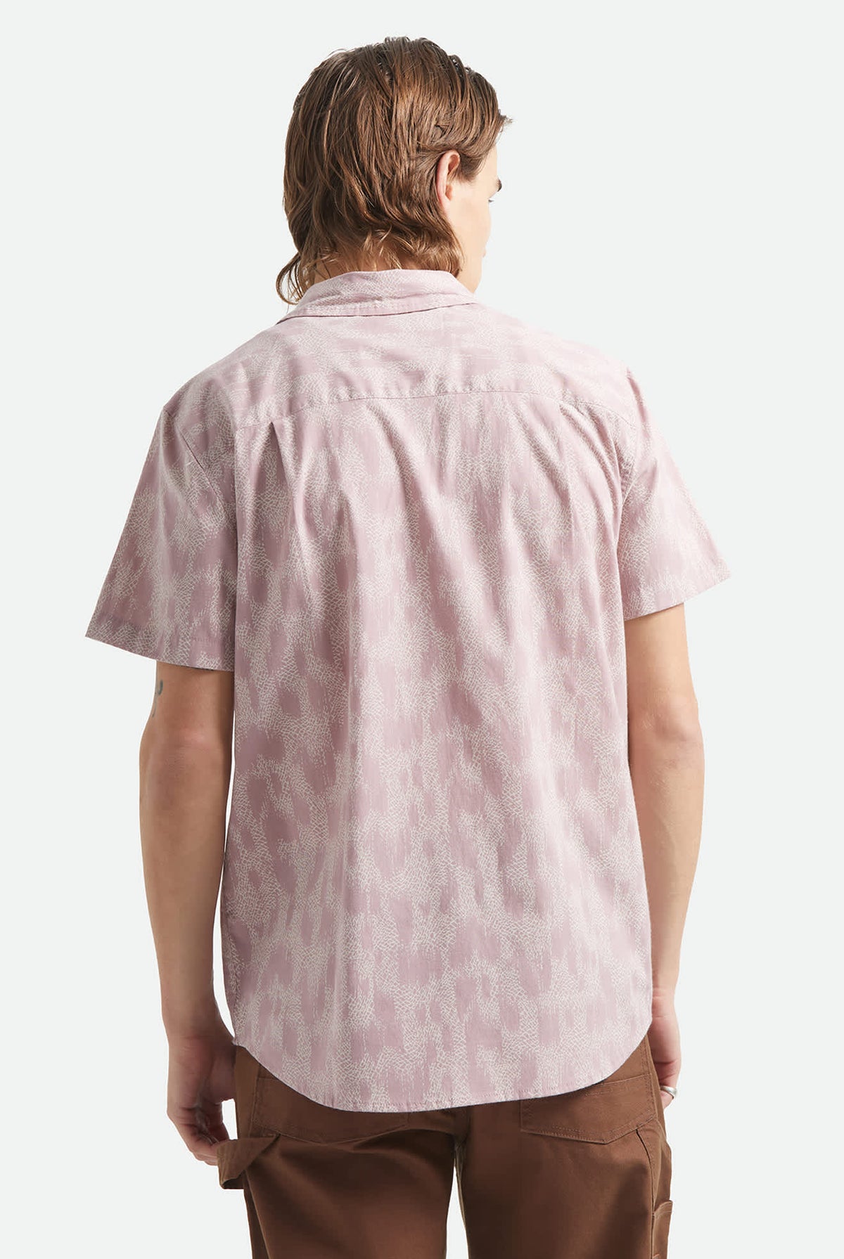 Men's Charter Print Short Sleeve Shirt in the color Dark Pink/Silver Crackle Paint - Men's Back View