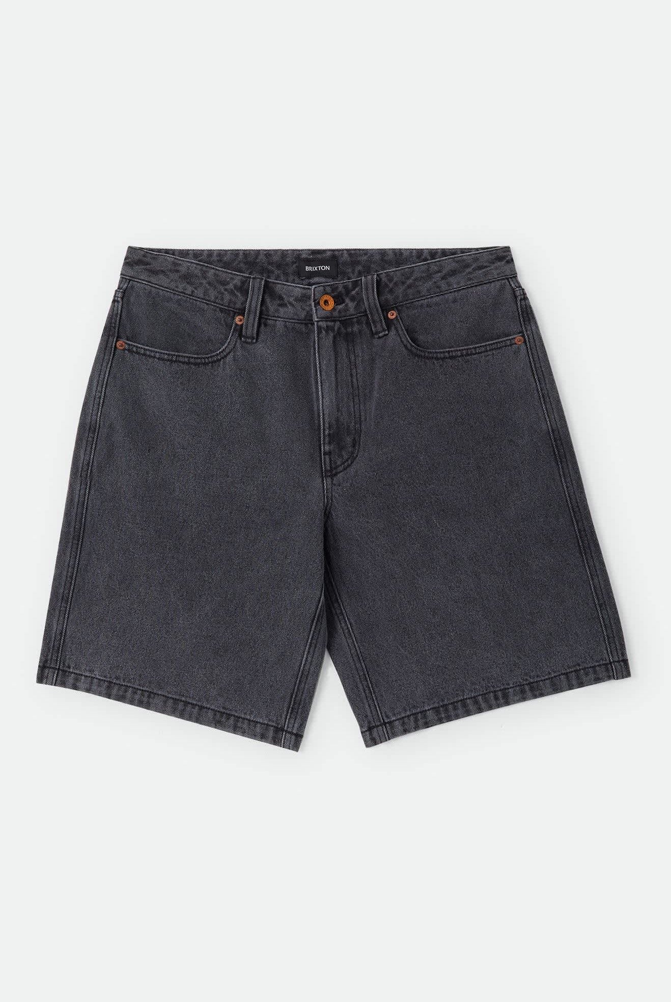 Men's Brixton Relaxed Short in the color Washed Black Denim - Front Product Laydown Image