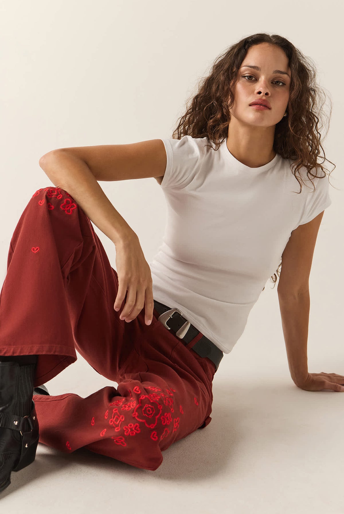 Women's Essex Embroidered Painter Pant in the color Dark Brick - Additional Fit image