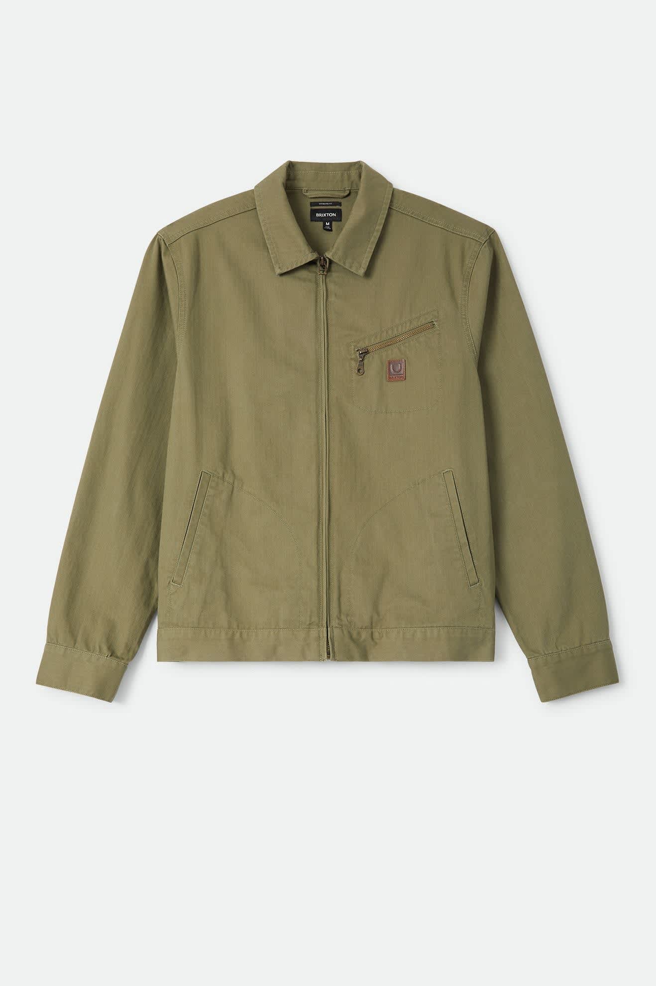 Men's Mechanic Garage Zip Jacket in the color Olive Surplus Herringbone - Front Product Laydown Image