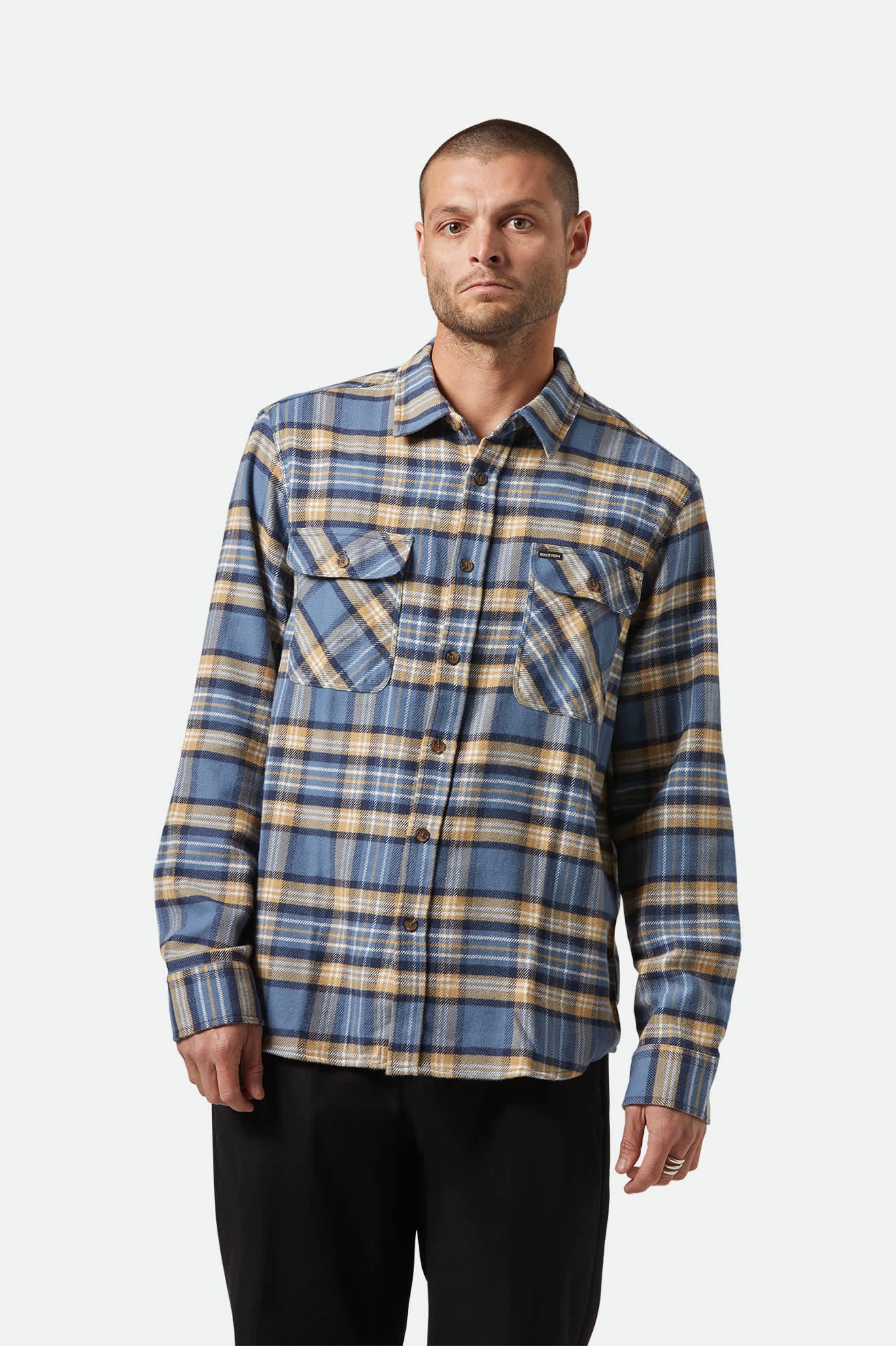 Men's Bowery L/S Flannel in the color Azure Blue/Washed Navy/Sand - Men's Front View