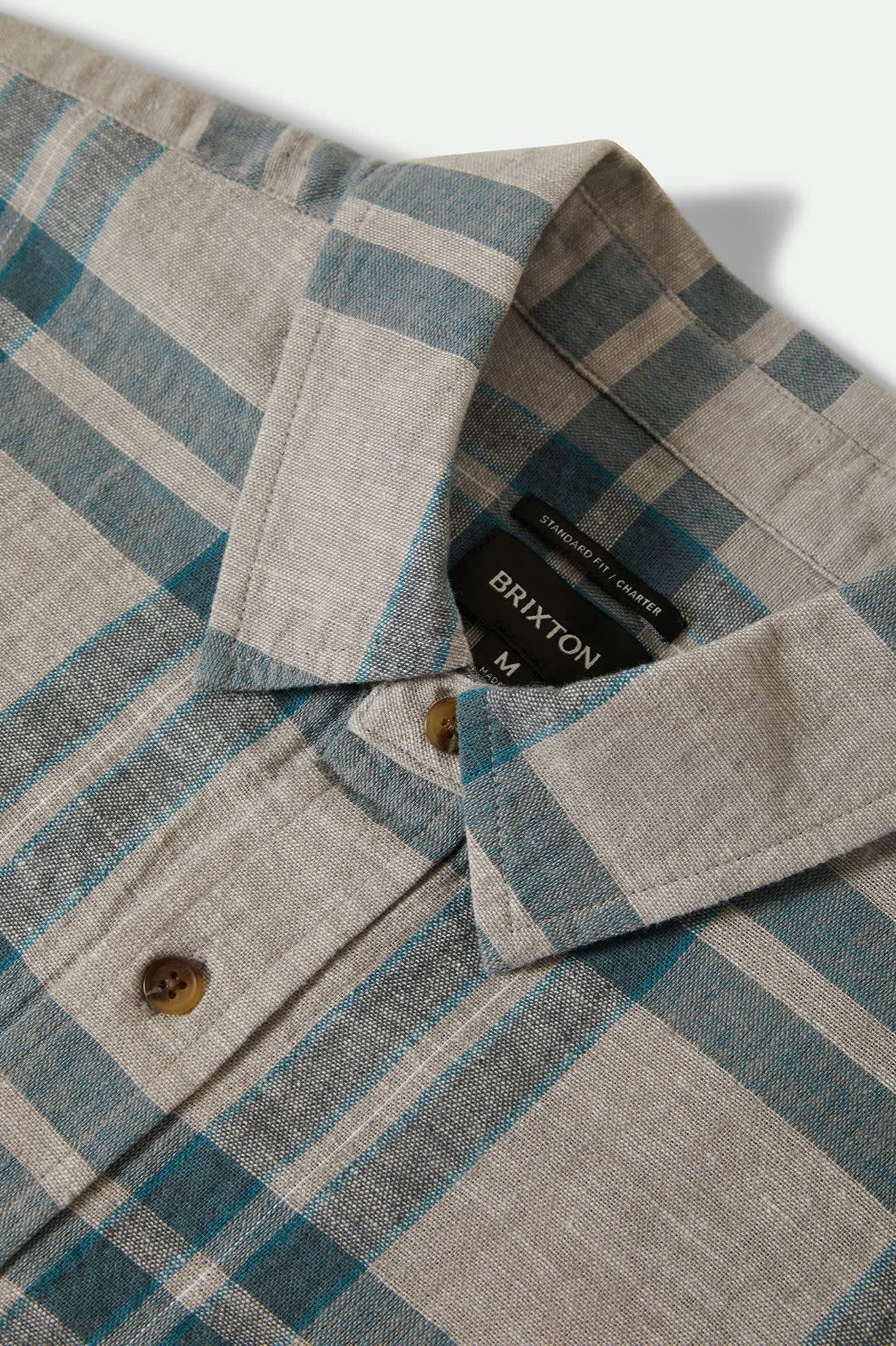 Men's Charter Linen Blend S/S Shirt in the color Beige/Azure Blue Plaid - Additional Laydown image