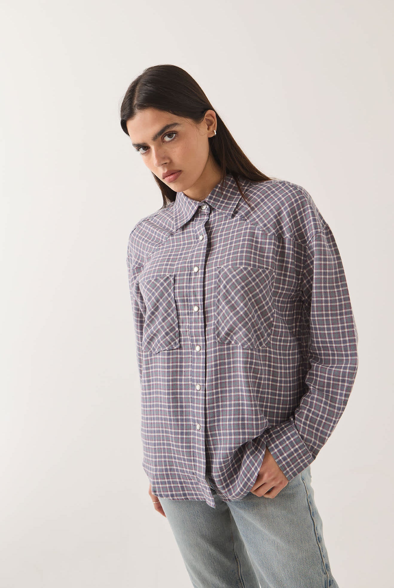Women's Wayne Women's Shirt in the color Soft Navy Plaid - Women's Front Fit Image