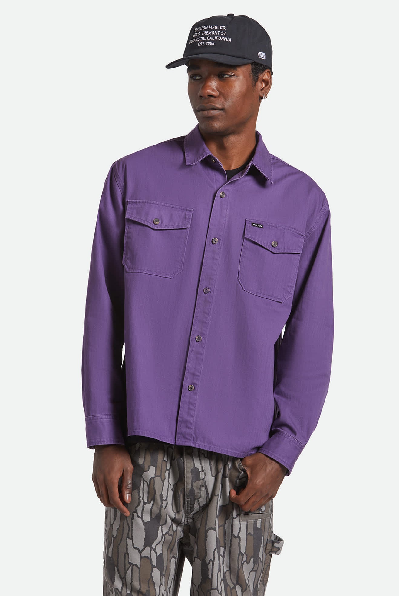 Men's Herringbone Relaxed L/S Overshirt in the color Punk Purple Herringbone - Men's Front View