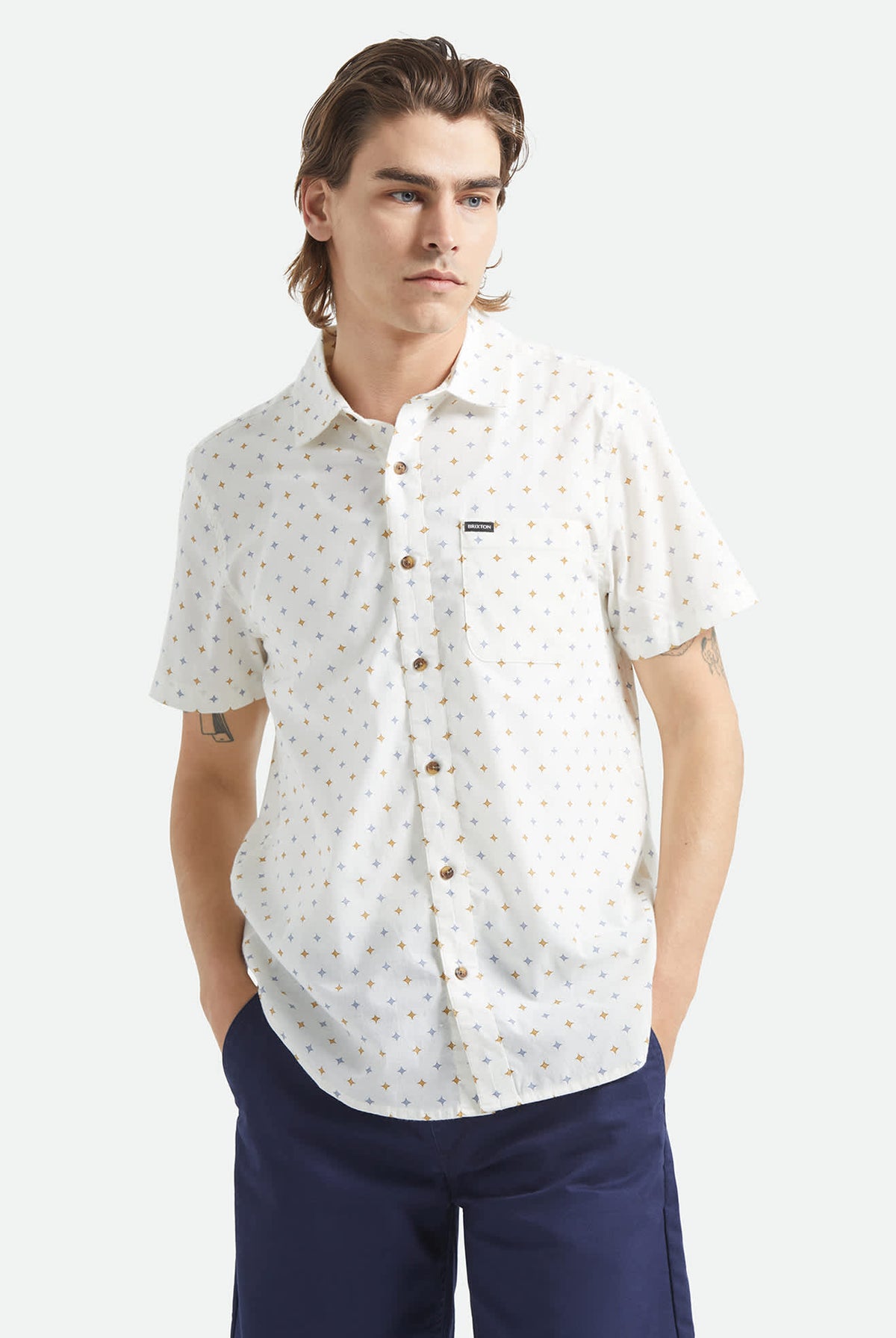 Men's Charter Print Short Sleeve Shirt in the color Off White/Multi Diamond Tile - Men's Front View
