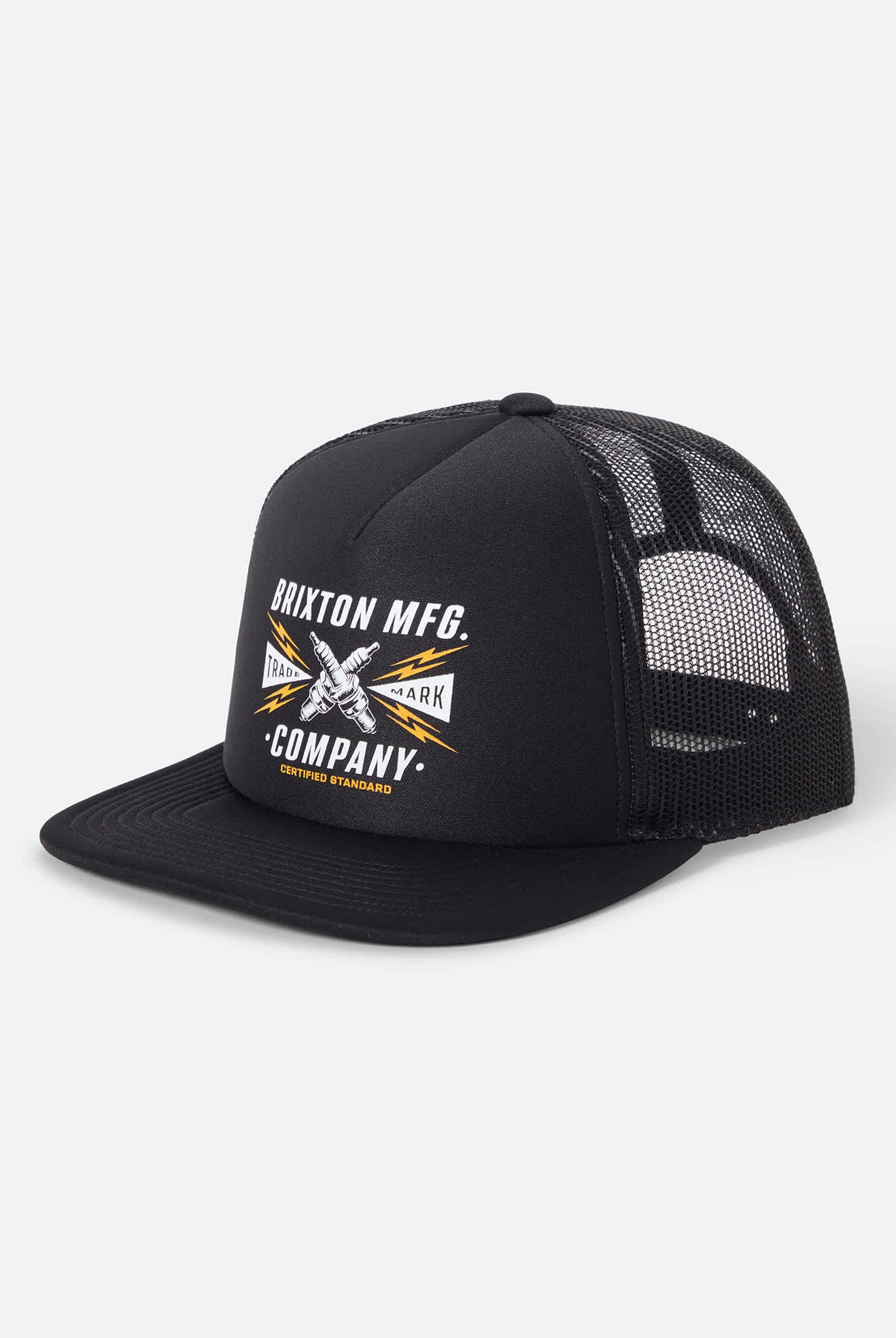 Unisex Danton Netplus Trucker Hat in the color Black/Black - Front Product Laydown Image