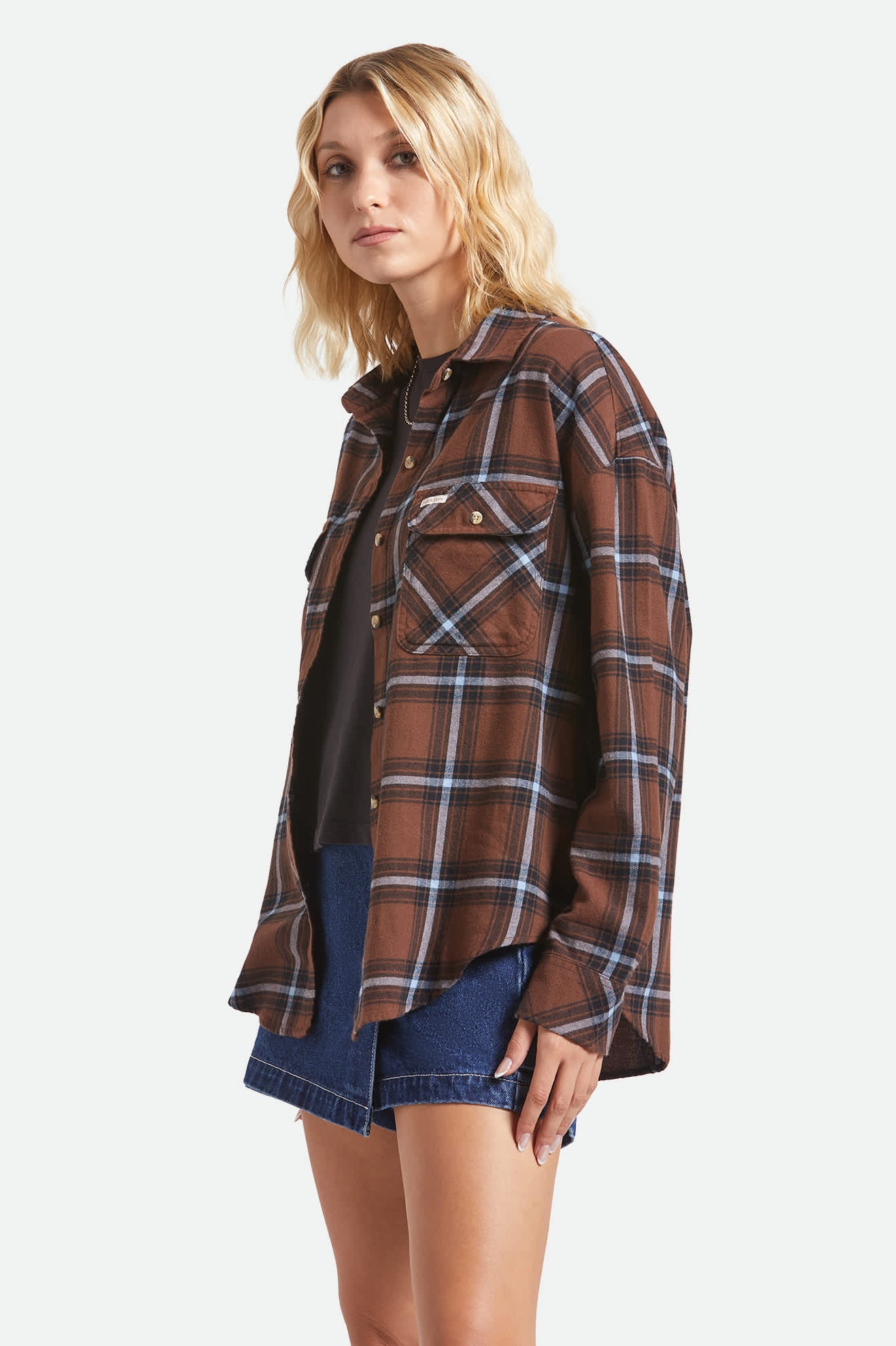 Women's Bowery Vintage Overshirt in the color Pinecone Brown/Black/Borrowed Blue - Women's Side View
