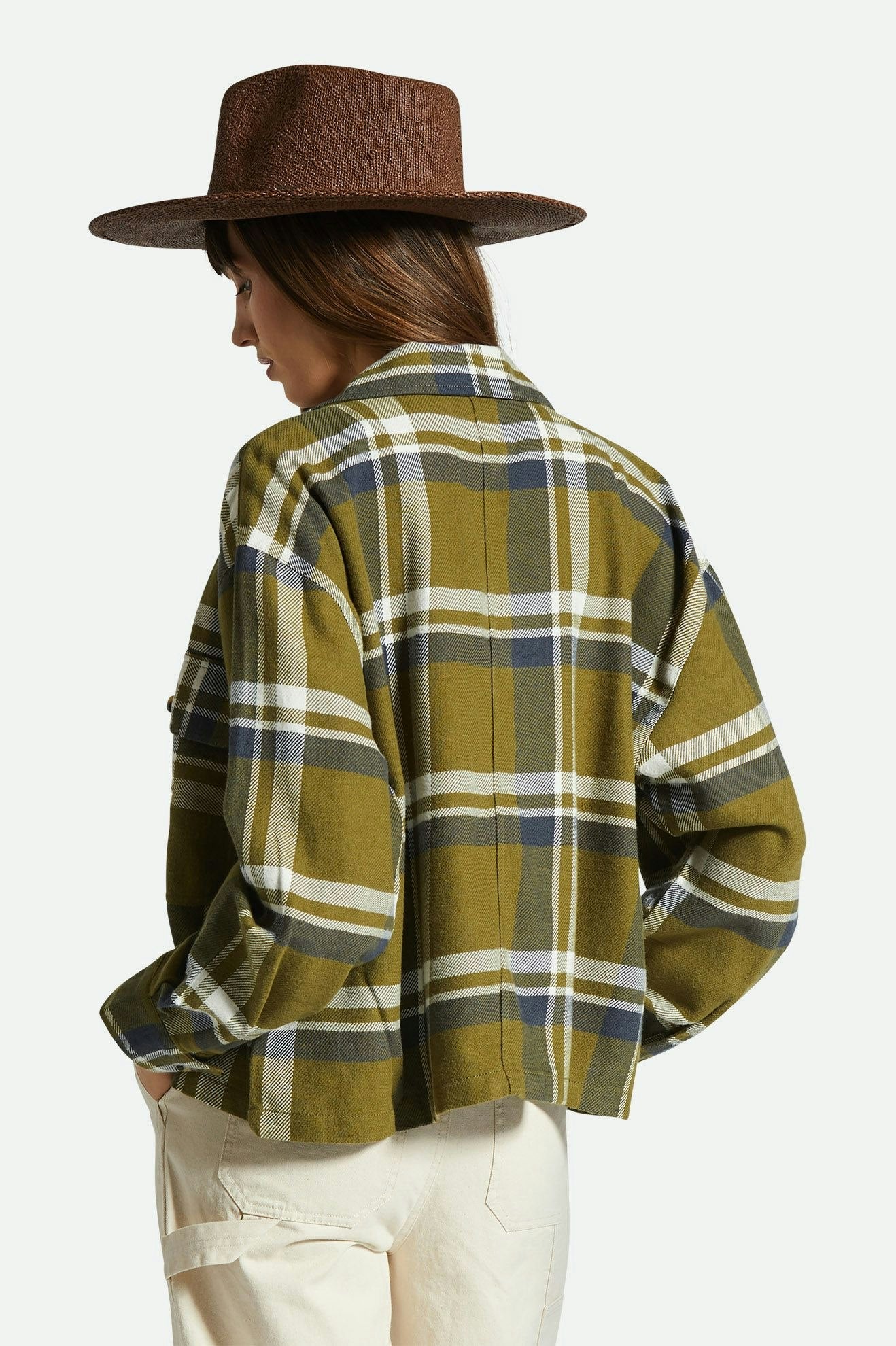 Women's Fit, Back View | Bowery Women's Flannel - Sea Kelp/Washed Navy