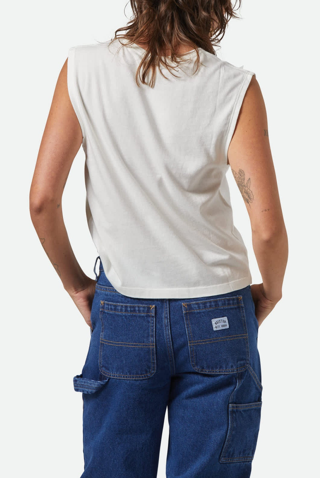 Women's Carefree Organic Garment Dye Muscle Tank in the color Off White - Women's Back View