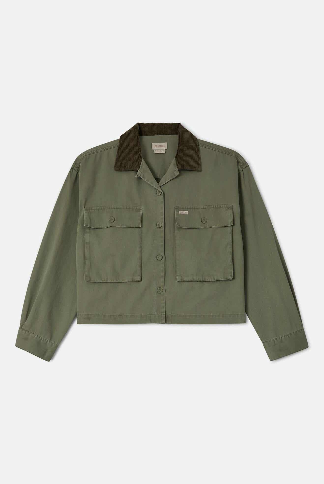 Women's Utopia Overshirt in the color Washed Olive Surplus - Front Product Laydown Image