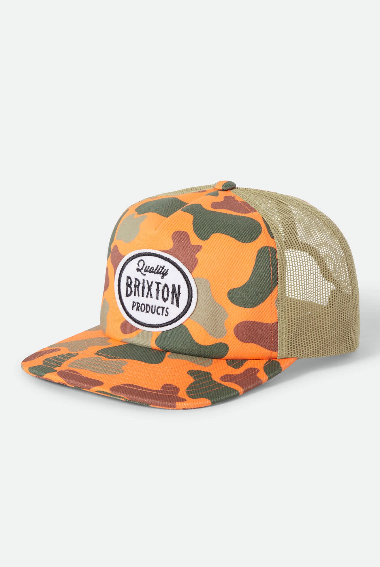 Unisex Henry Trucker Hat in the color Orange Duck Camo/Orange - Front Product Laydown Image
