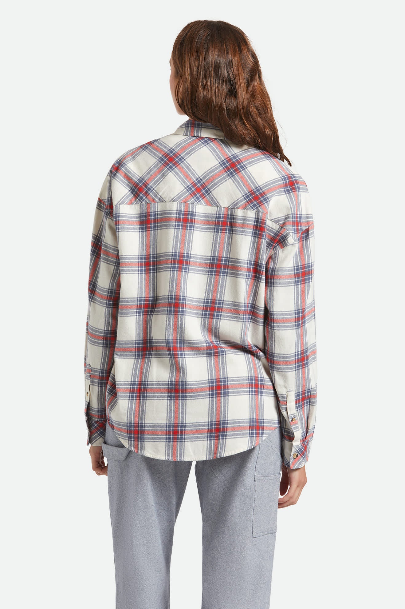 Women's Bowery Vintage Overshirt in the color Off White/Berring Sea/Red - Women's Back View