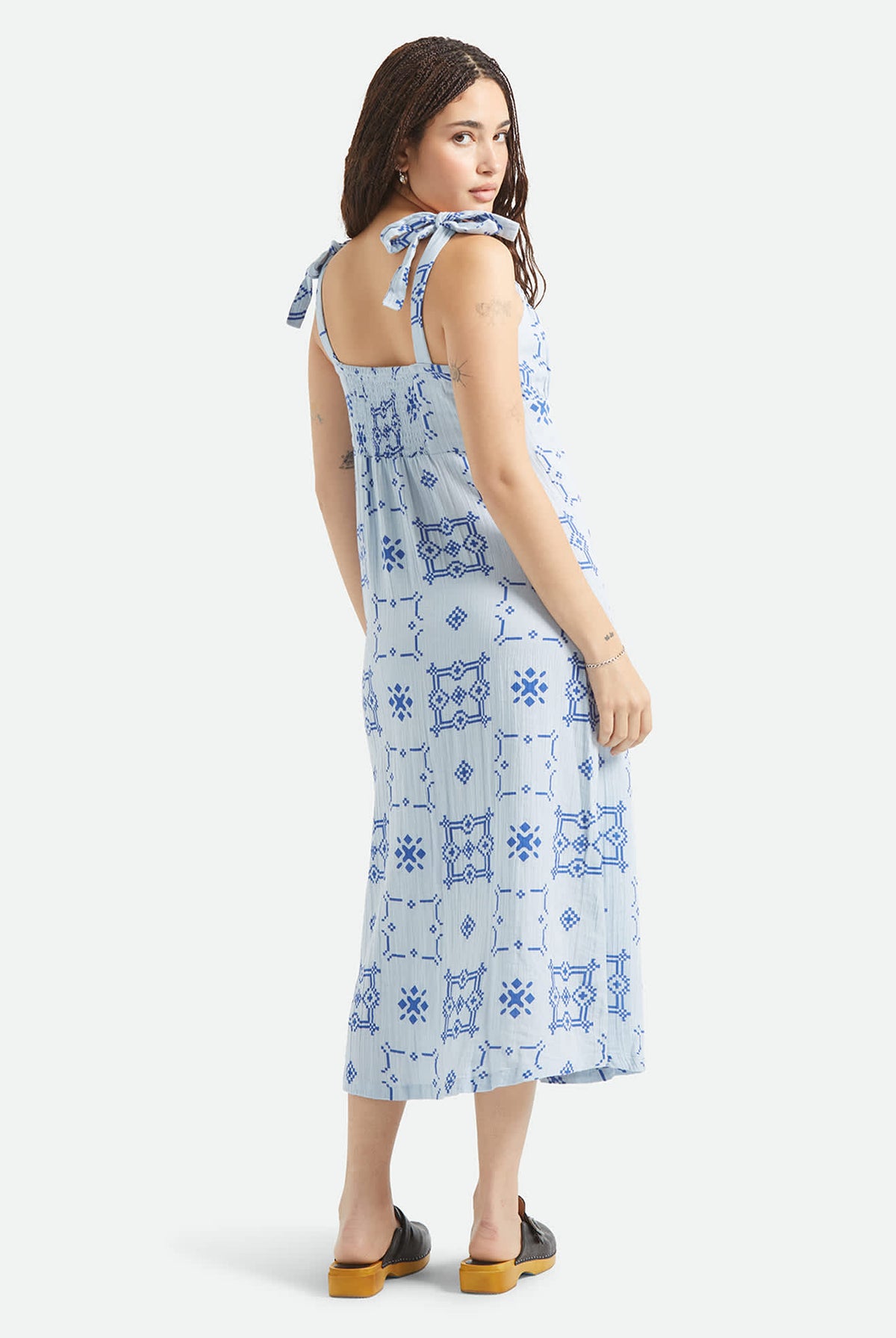 Women's The Tie Dress in the color Aura Blue Tile Print - Women's Back View