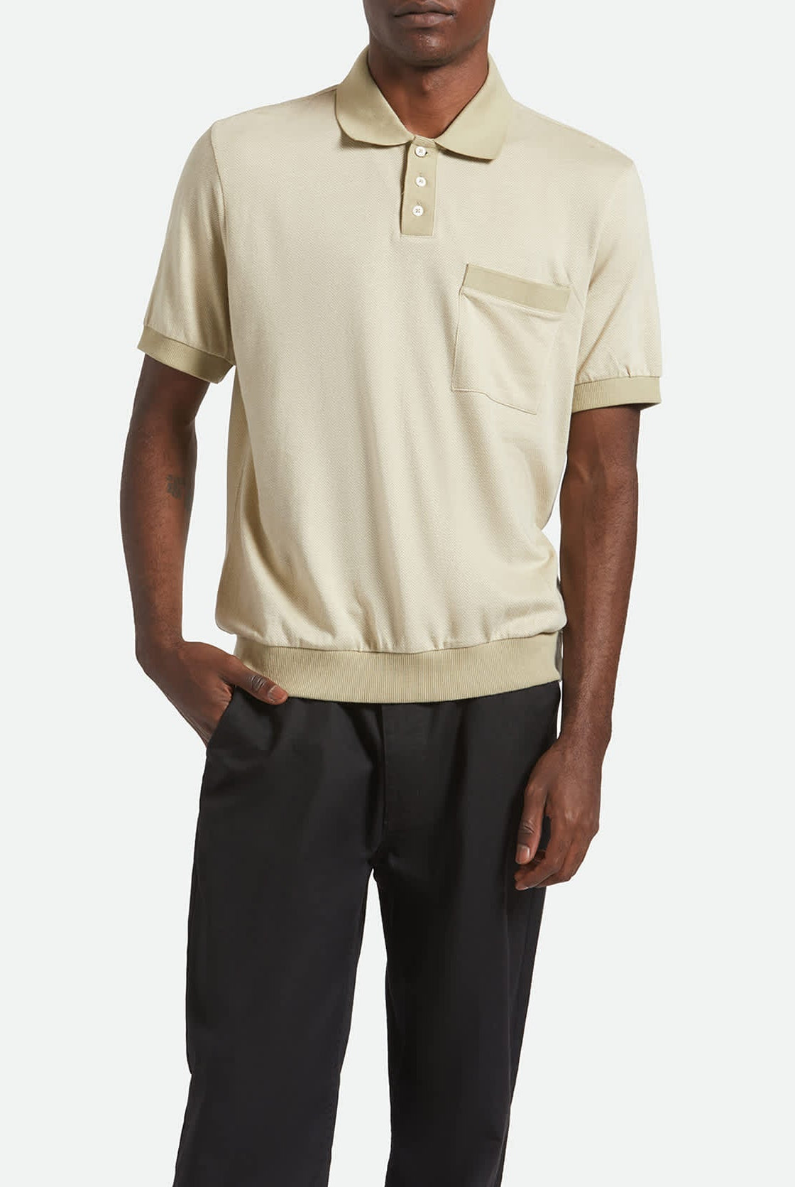 Men's Weekend Herringbone S/S Polo in the color Whitecap/Elm - Men's Front View