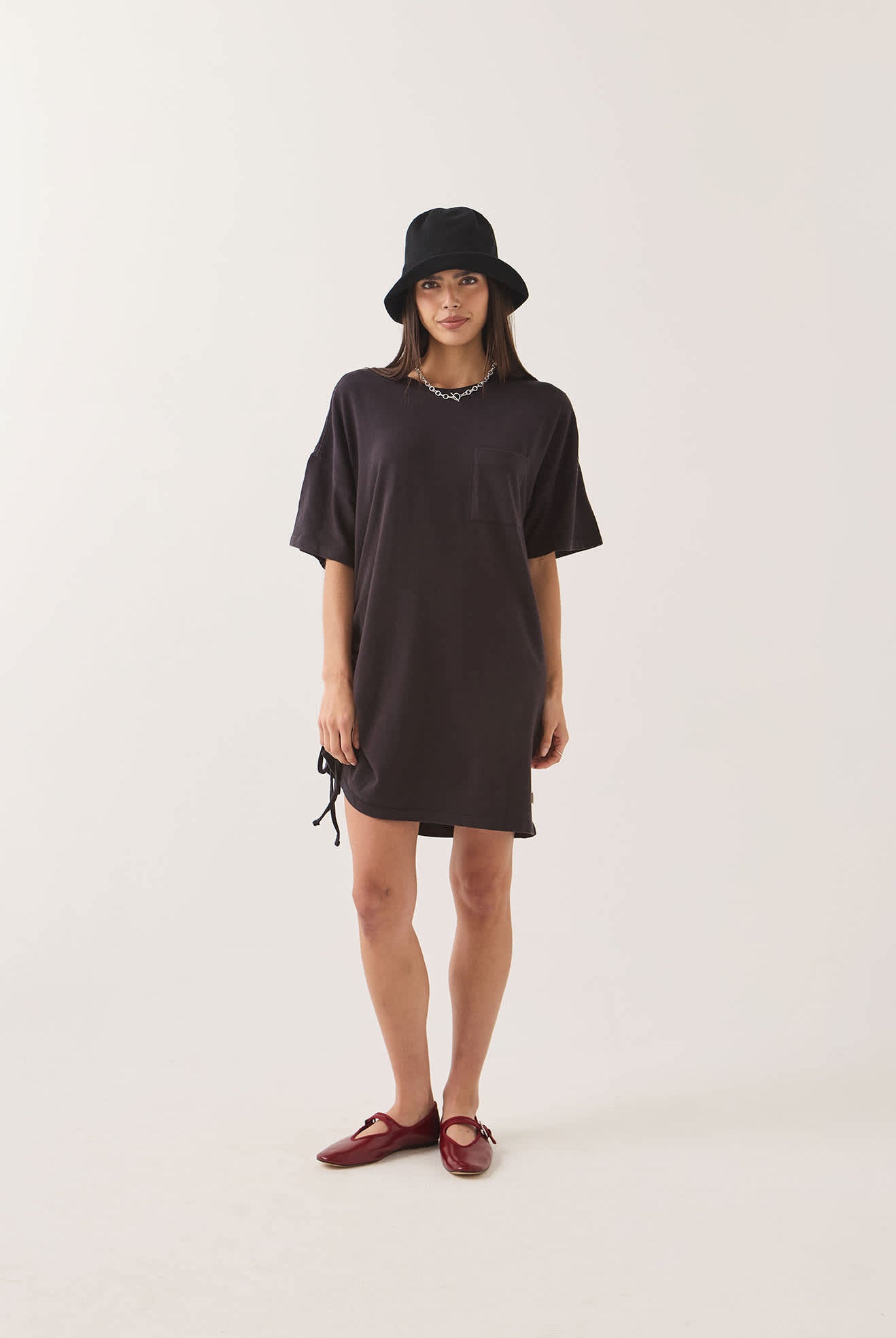 Women's Carefree Organic Garment Dye T-Shirt Dress in the color Black - Women's Front Fit Image