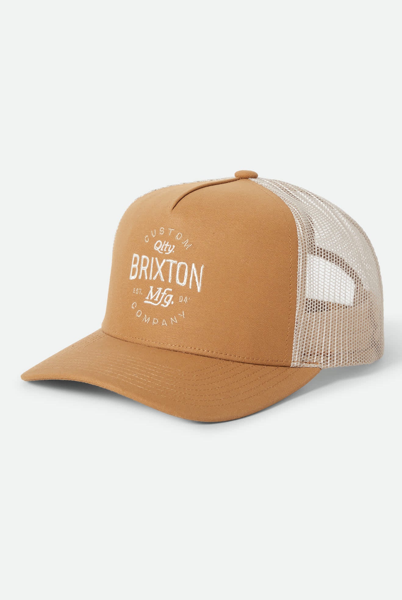 Unisex Fremont Netplus Trucker Hat in the color Copper/Sand - Front Product Laydown Image