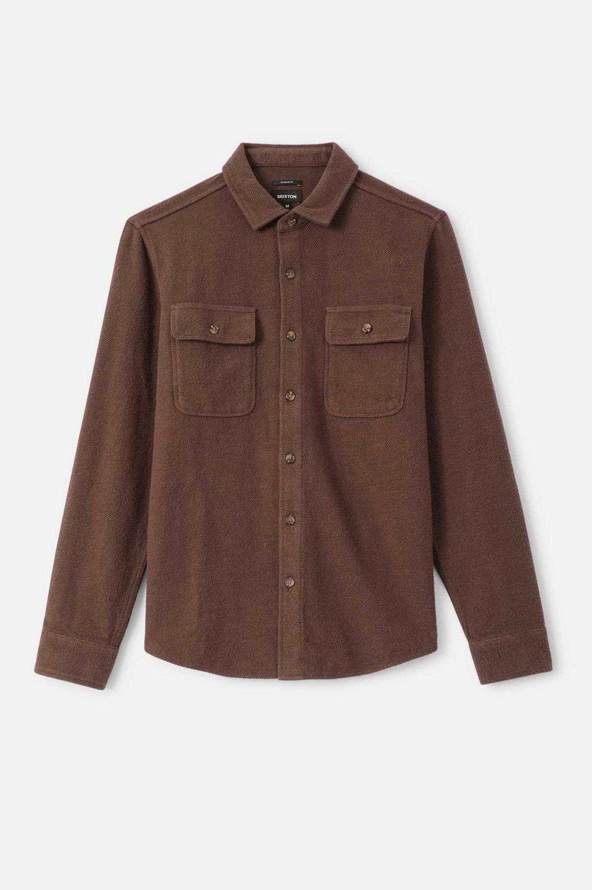 Men's Bowery Textured Twill Overshirt in the color Walnut Brown - Front Product Laydown Image