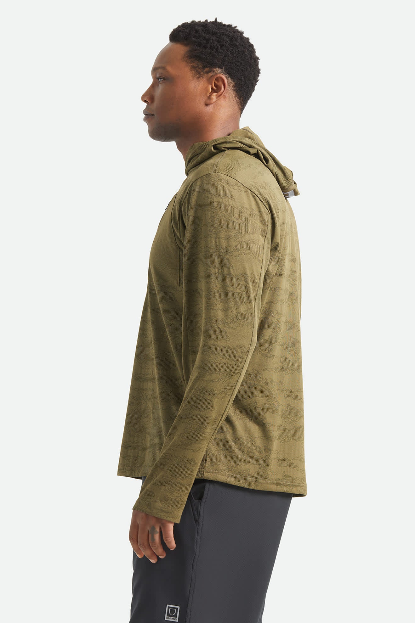 Men's Journey Long Sleeve Sun Hoodie in the color Olive Tiger Camo - Men's Side View