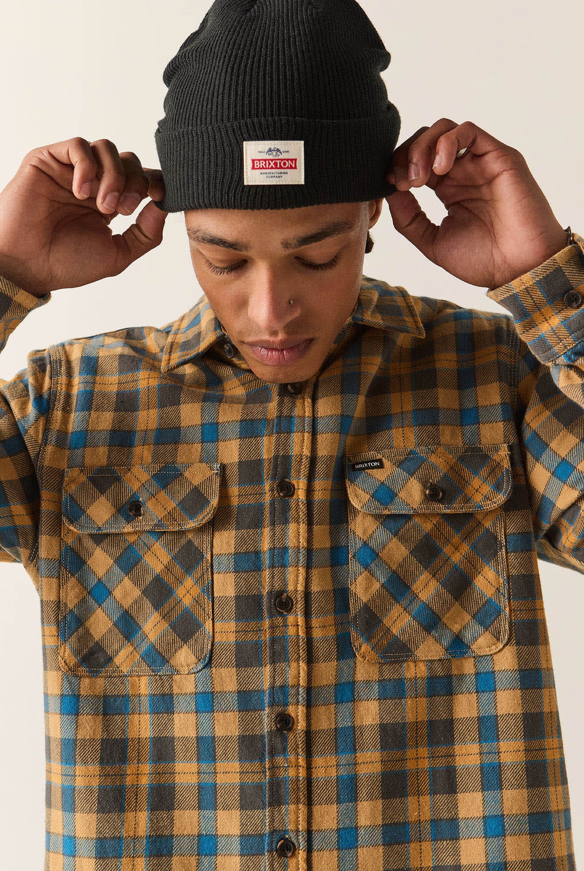 Men's Bowery Flannel in the color Khaki/Blue - Additional Fit image