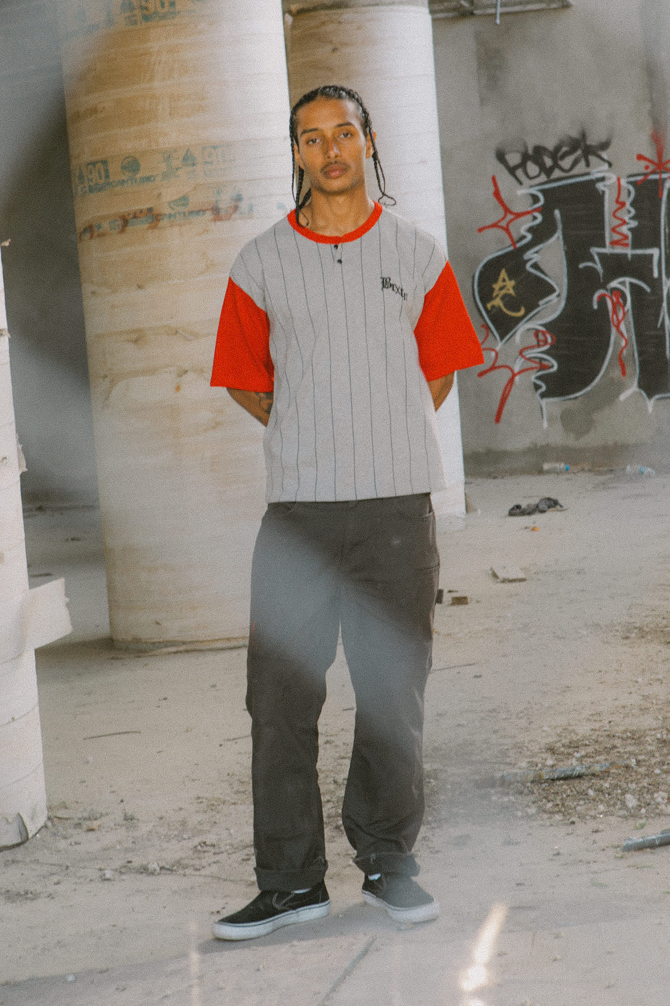 Men's Boxy Short Sleeve Baseball T-Shirt in the color Heather Grey/Adrenaline Rush - Men's Lifestyle image