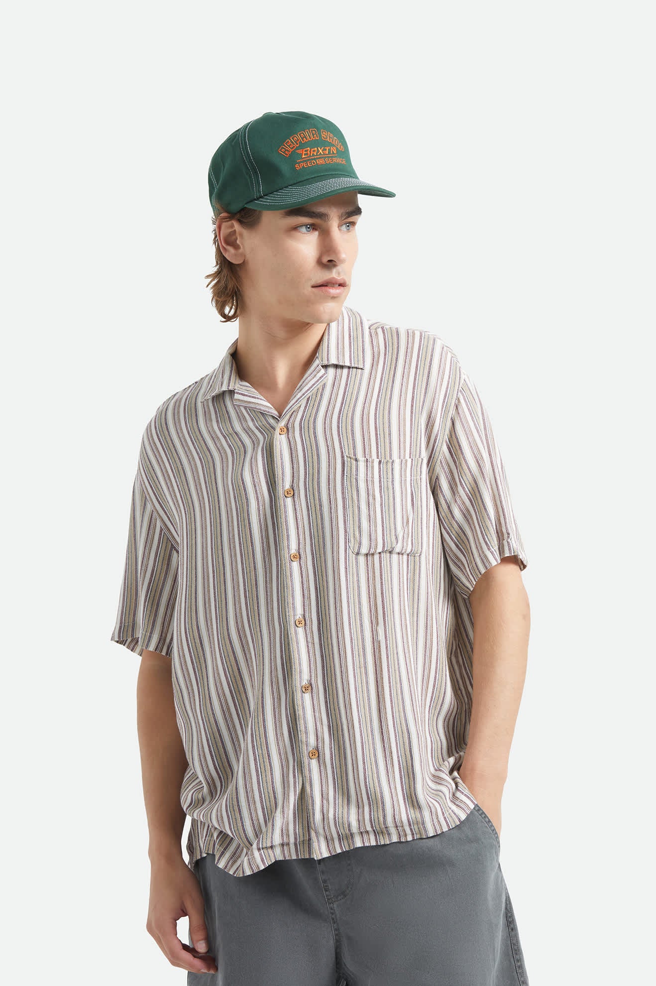 Men's Bunker Twisted Stripe Short Sleeve Camp Collar Shirt in the color Robust Red - Men's Front View