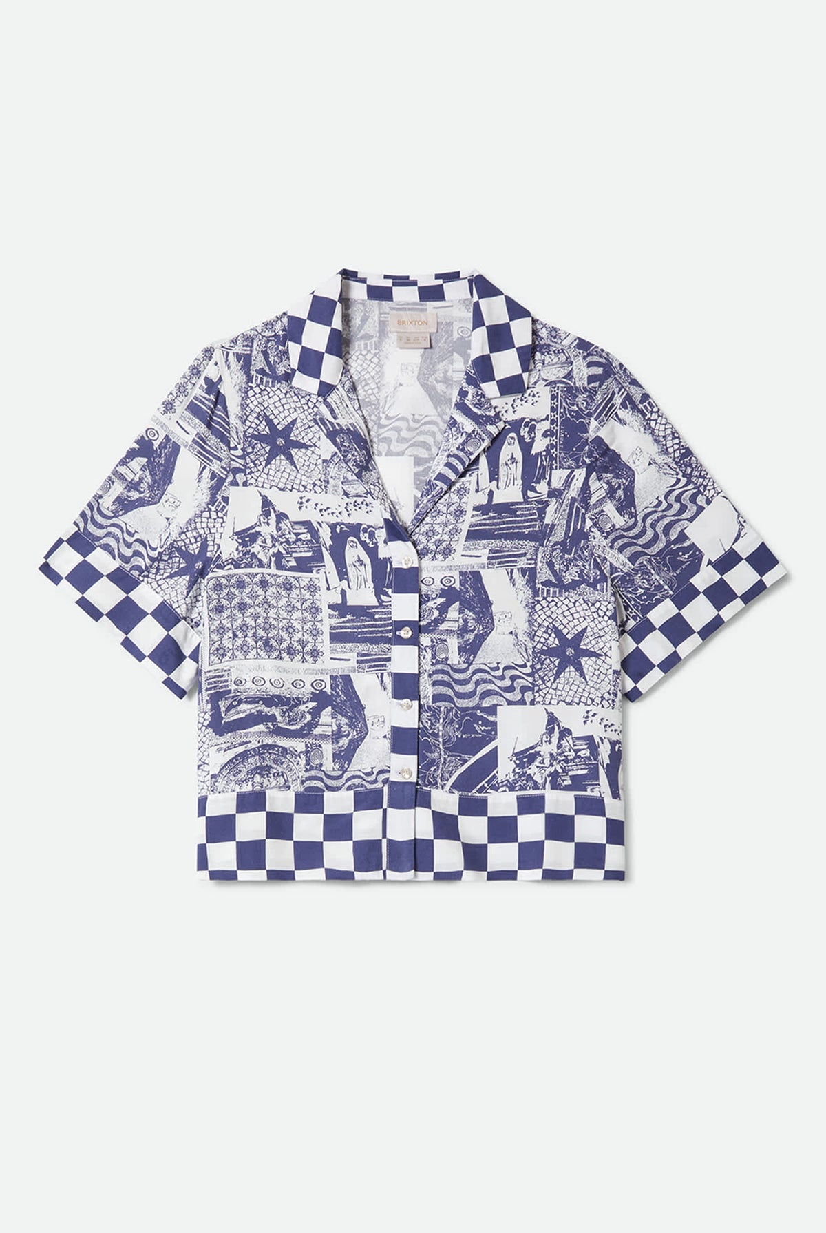 Women's The Omar Button Down Short Sleeve Shirt in the color Navy/White Collage - Front Product Laydown Image
